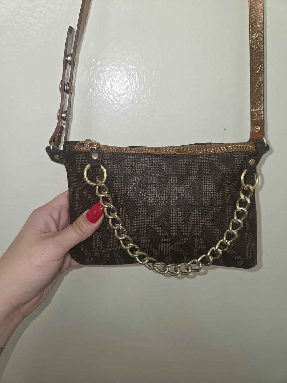 Michael Kors Brown Logo Belt Bag with Gold Chain Strap